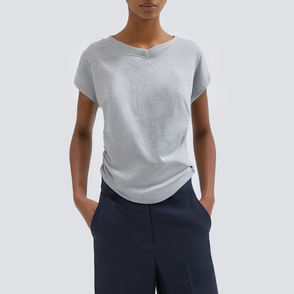 V-neck side pleated casual women's T-shirt