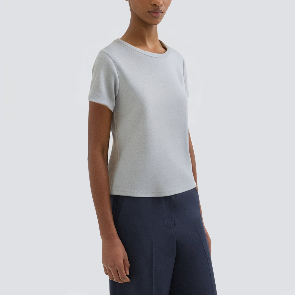 Grey knitted round neck short-sleeved women's T-shirt