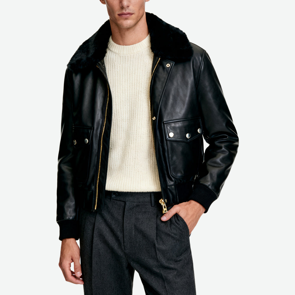Fur-Collar Decor Bomber Jacket Men's Retro Edgy Outerwear