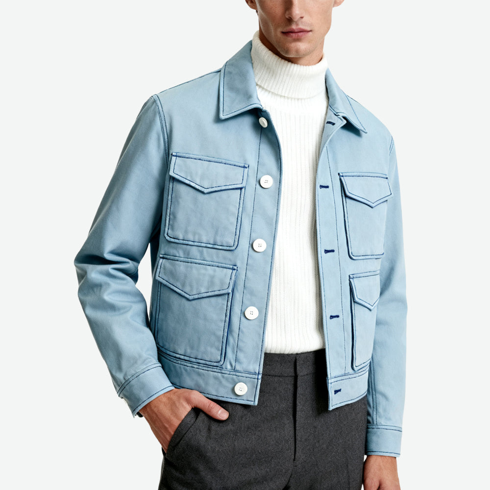 Topstitch Decor Multi-Pocket Lapel Men's Elegant High-End Outerwear