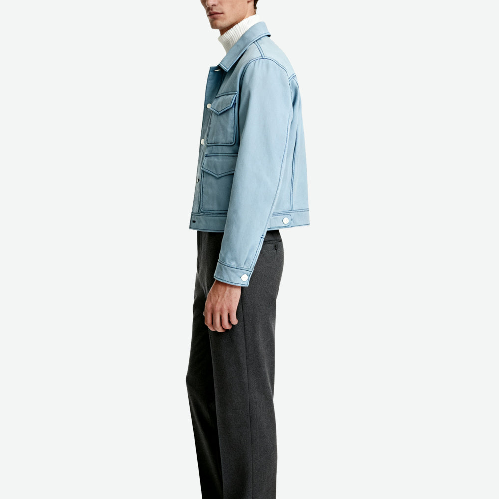 Topstitch Decor Multi-Pocket Lapel Men's Elegant High-End Outerwear
