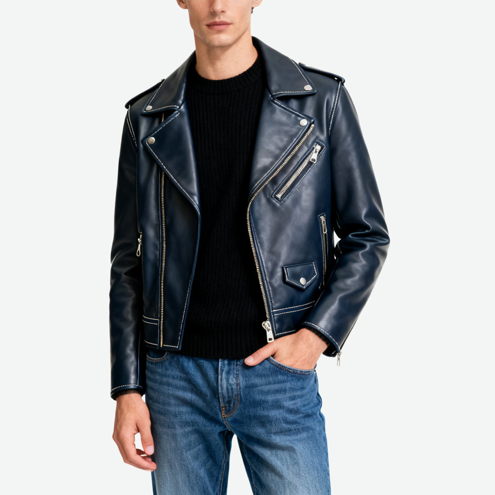 Topstitch Decor Biker-Style Men's Trendy Streetwear Outerwear