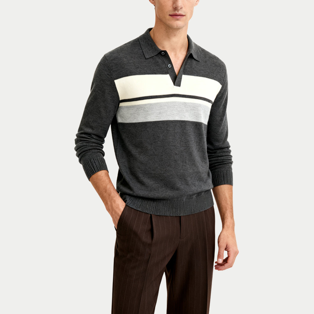 Striped Decorative Men's Polo Collar Sweater