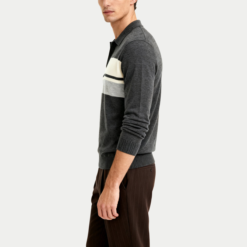 Striped Decorative Men's Polo Collar Sweater