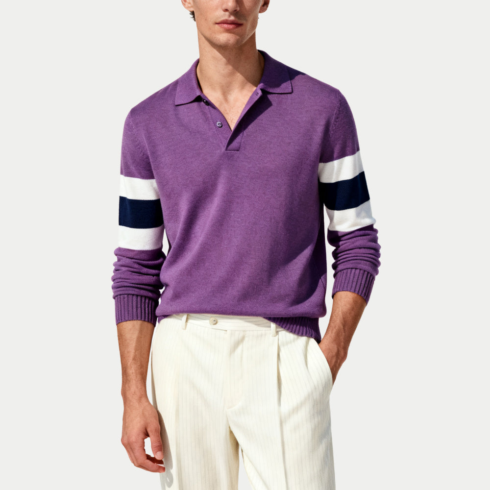 Contrast Striped Men's Polo Collar Sweater