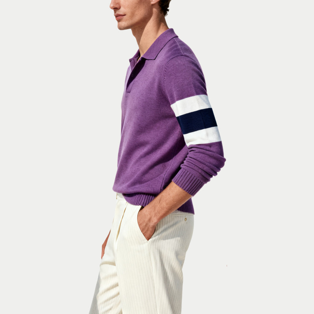 Contrast Striped Men's Polo Collar Sweater