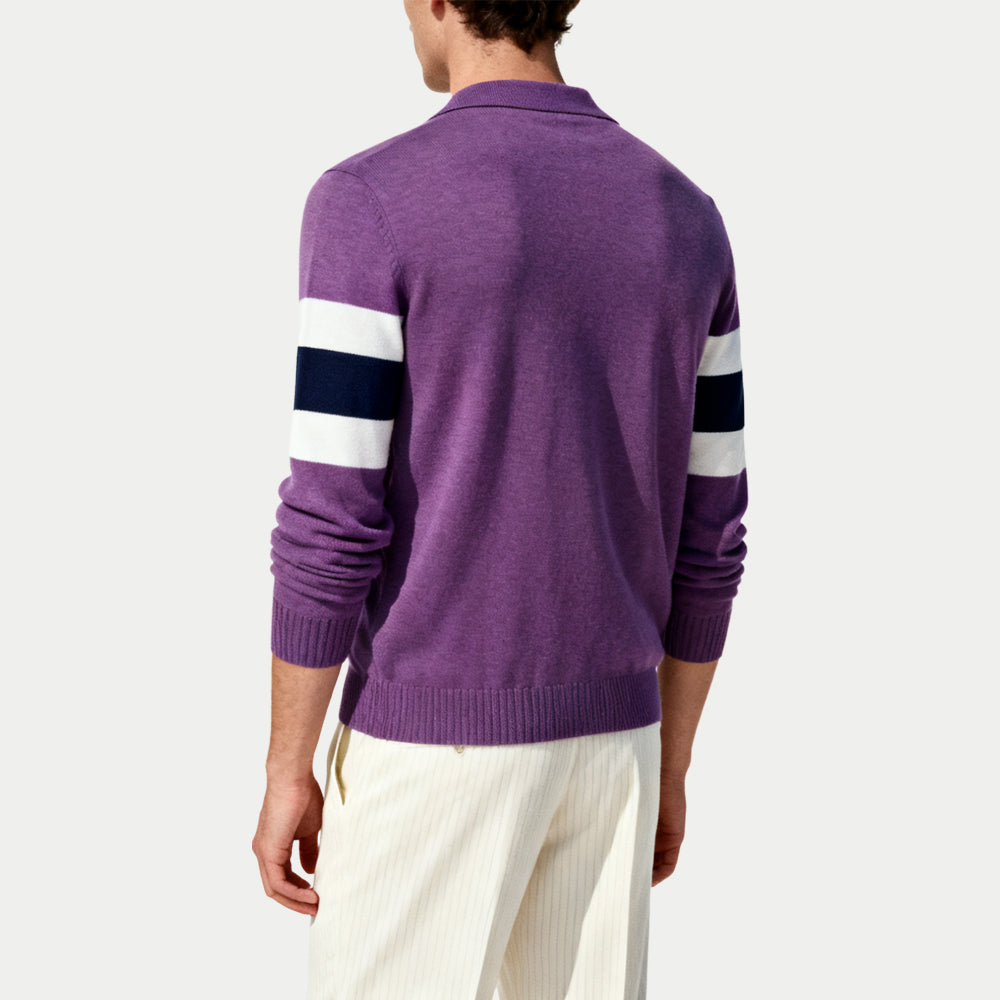 Contrast Striped Men's Polo Collar Sweater