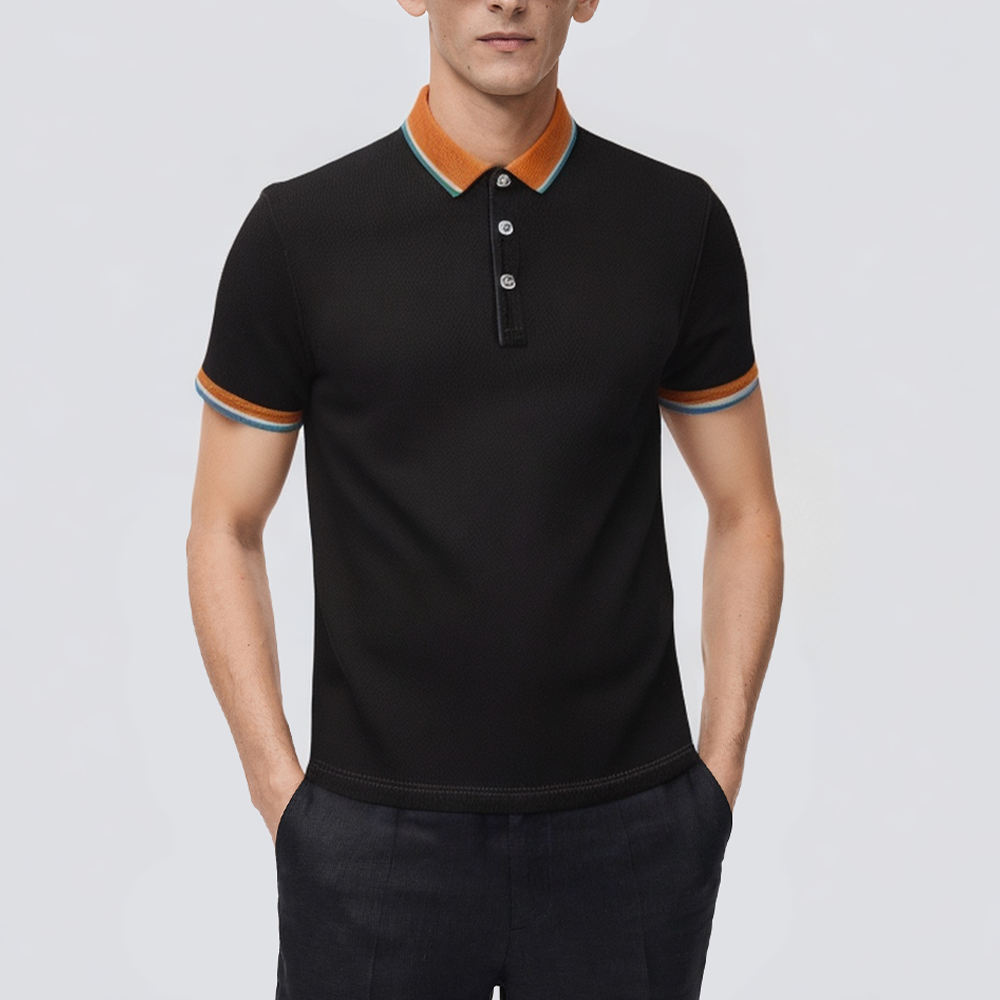 Black knitted striped short-sleeved men's polo shirt
