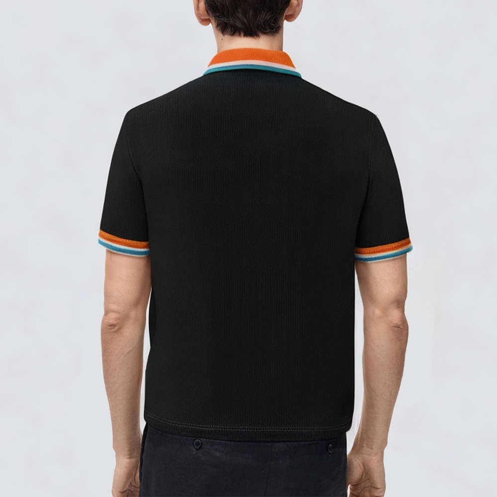 Black knitted striped short-sleeved men's polo shirt