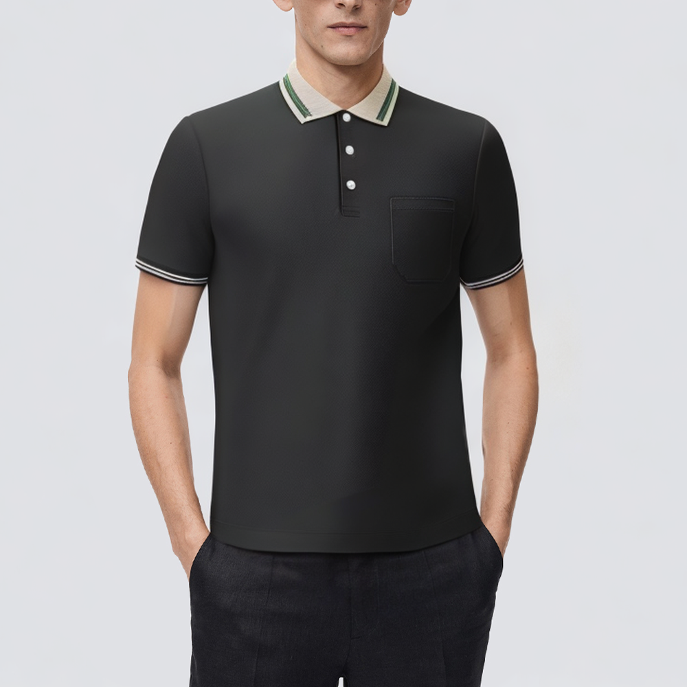 Loose black embroidered striped men's polo shirt