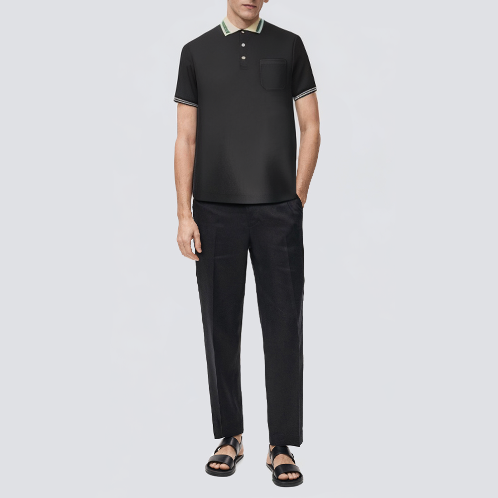 Loose black embroidered striped men's polo shirt