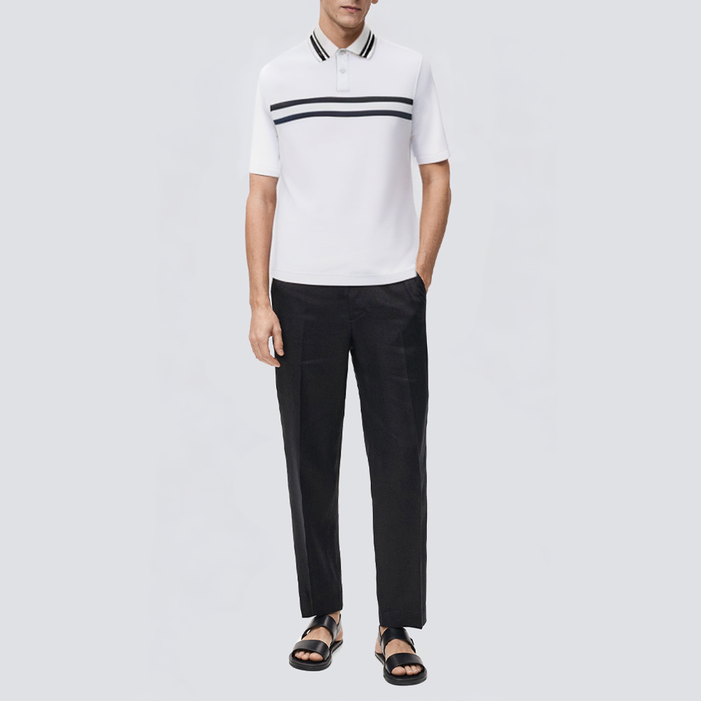White stripe print short sleeve men's polo shirt