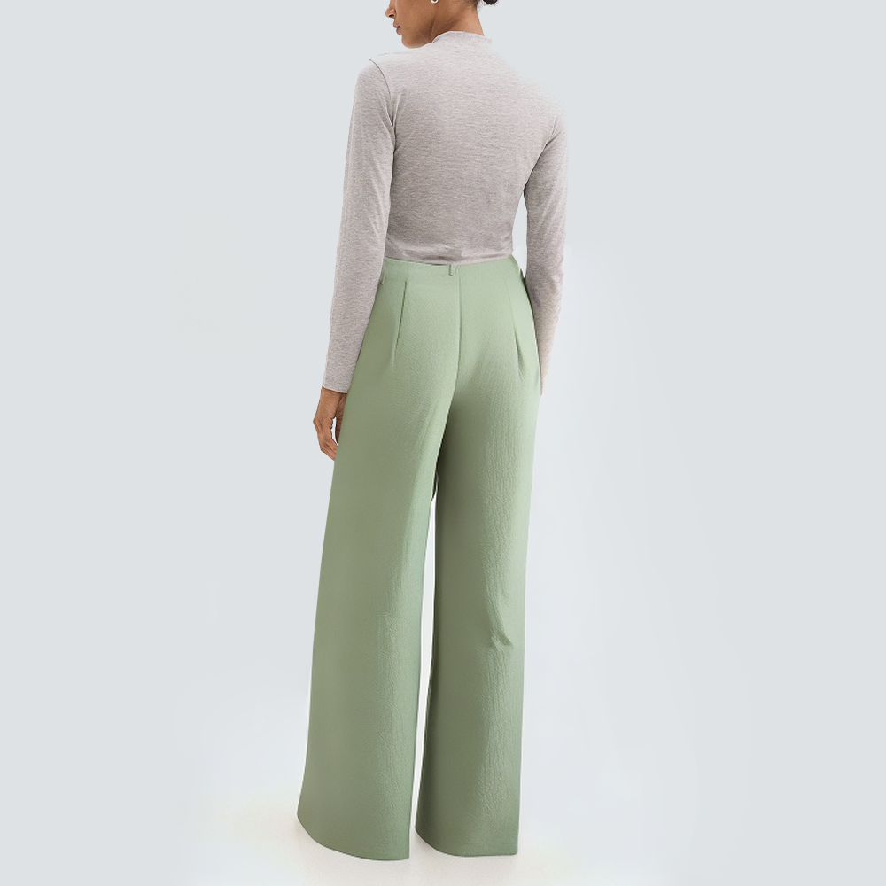 Green loose pleated casual women's trousers