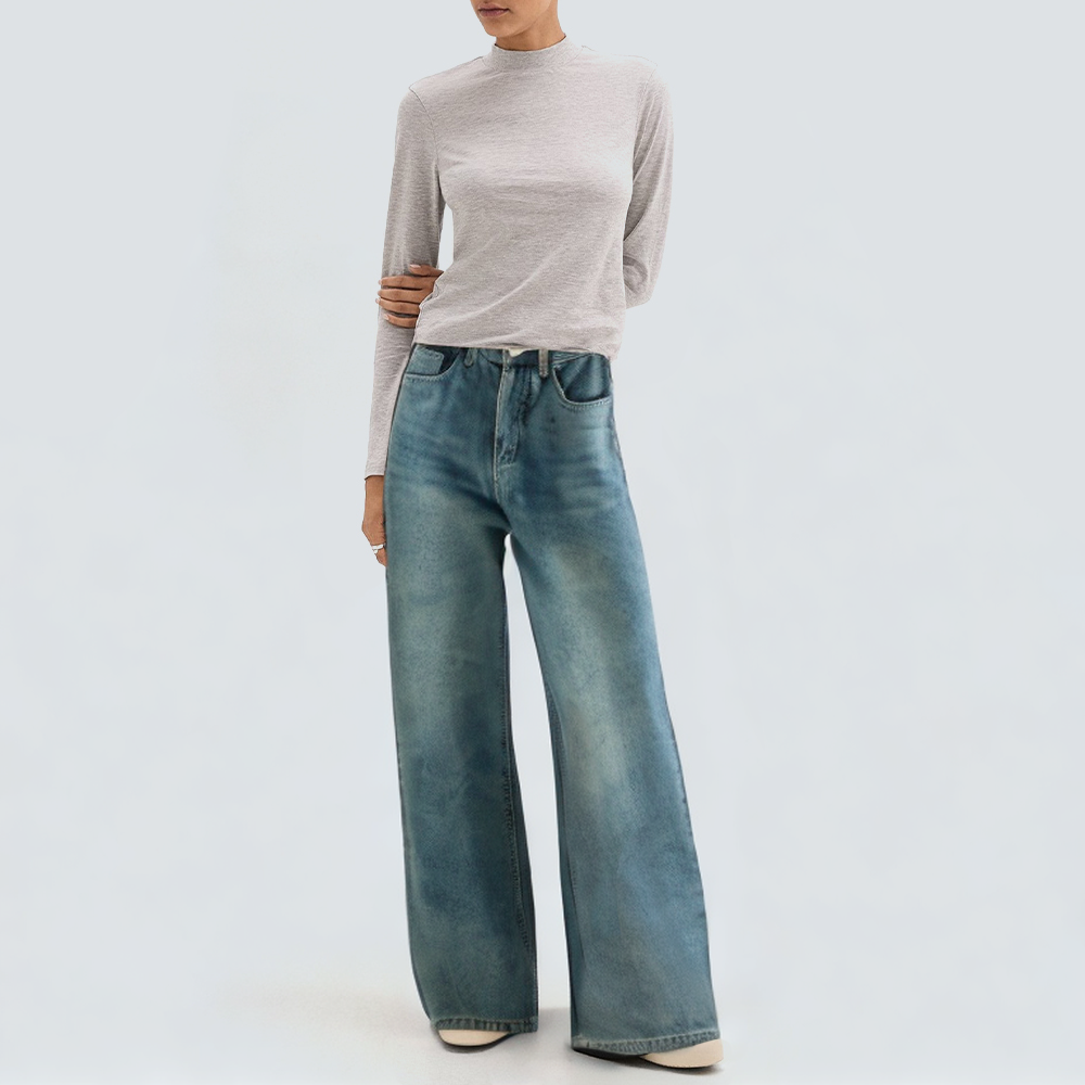 Blue washed faded women's denim trousers
