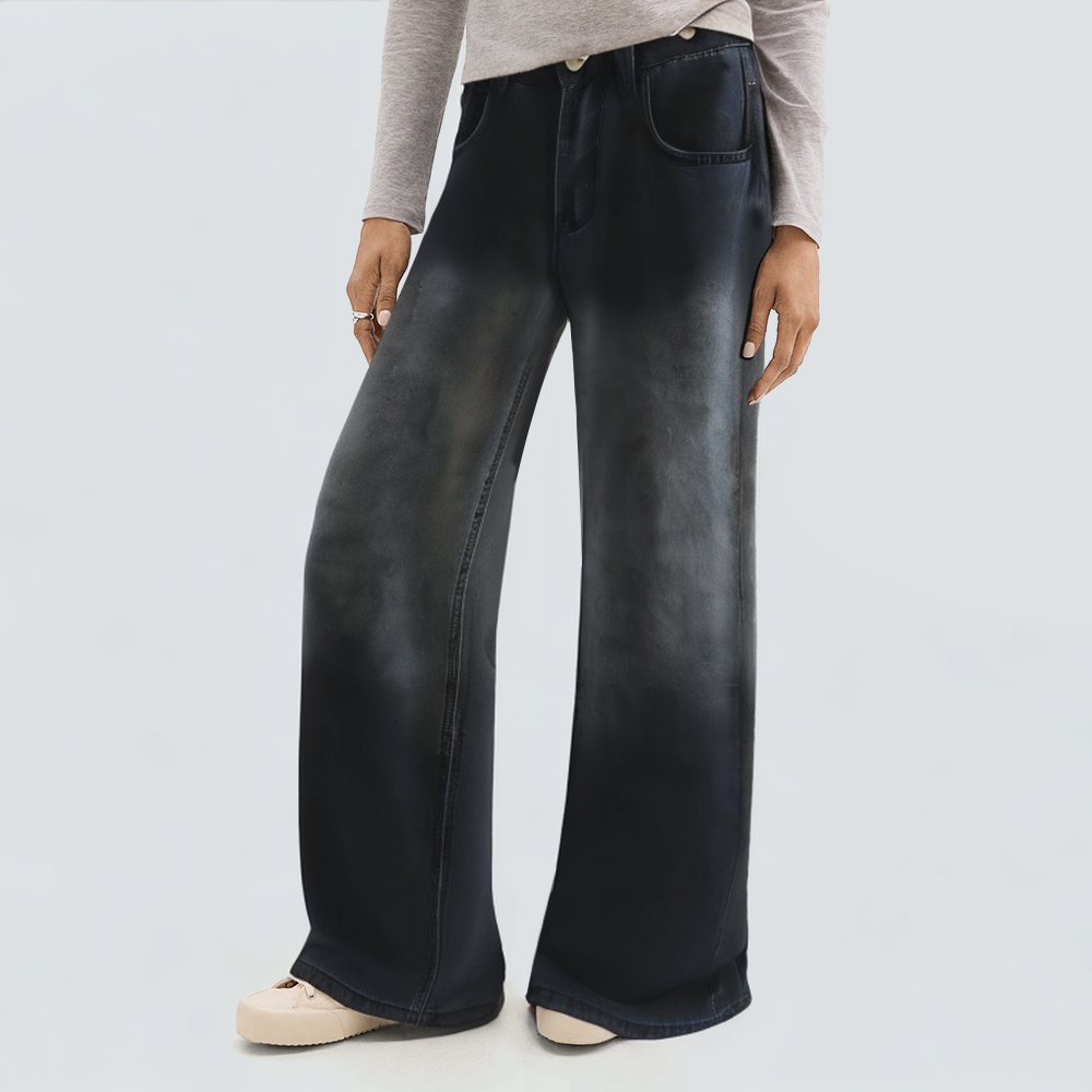 Black washed straight leg women's denim trousers