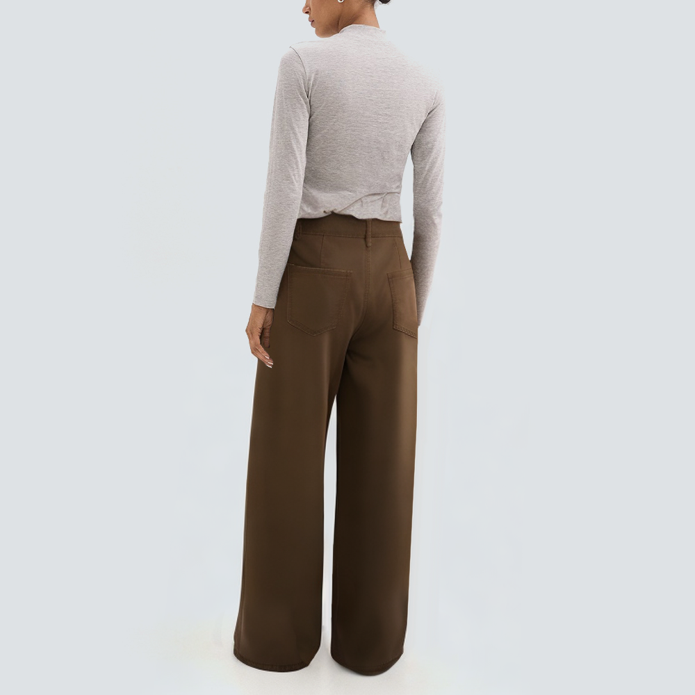 Brown wide-leg loose denim trousers for women