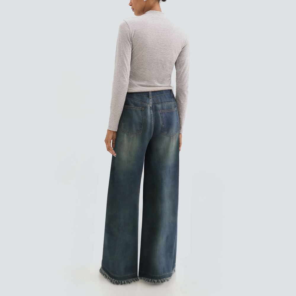 Blue washed wide leg women's denim trousers