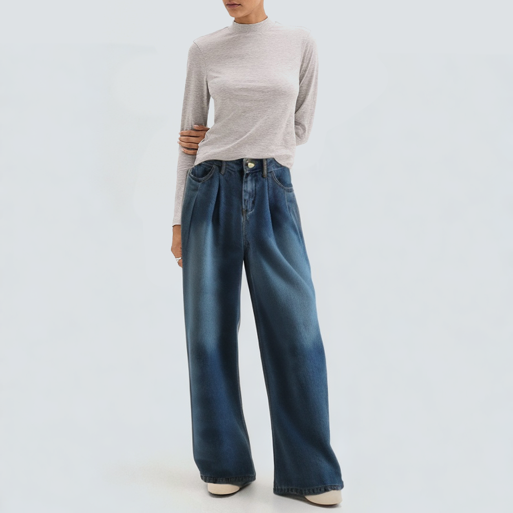 Pleated loose blue women's denim trousers