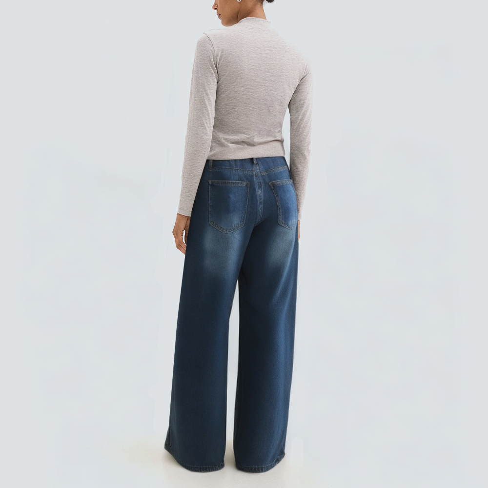 Pleated loose blue women's denim trousers