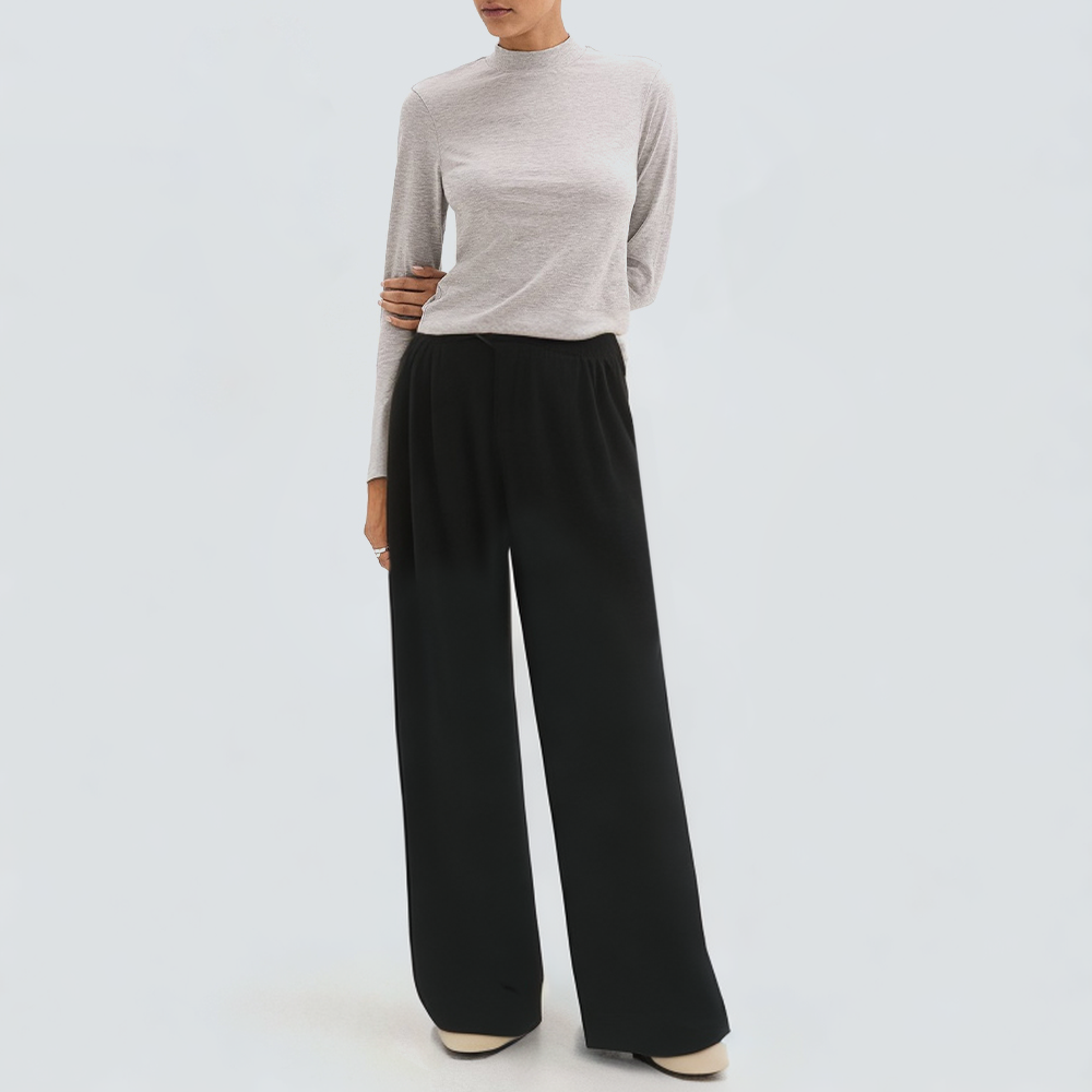 Black drawstring waist wide leg women's trousers