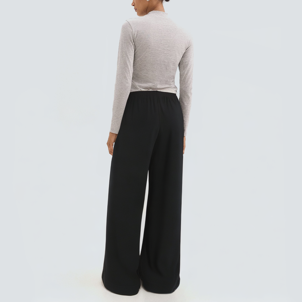 Black drawstring waist wide leg women's trousers