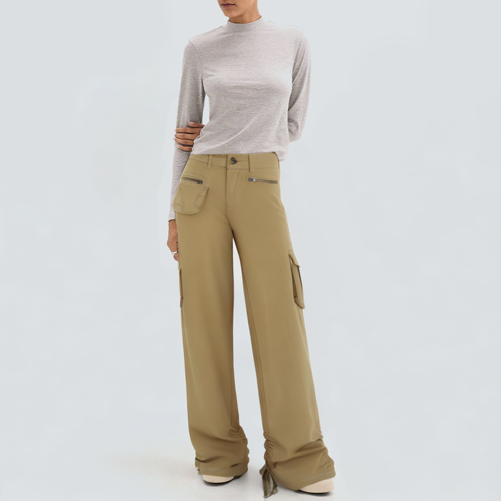 Khaki fashionable wide-leg women's cargo trousers