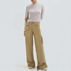 Khaki fashionable wide-leg women's cargo trousers