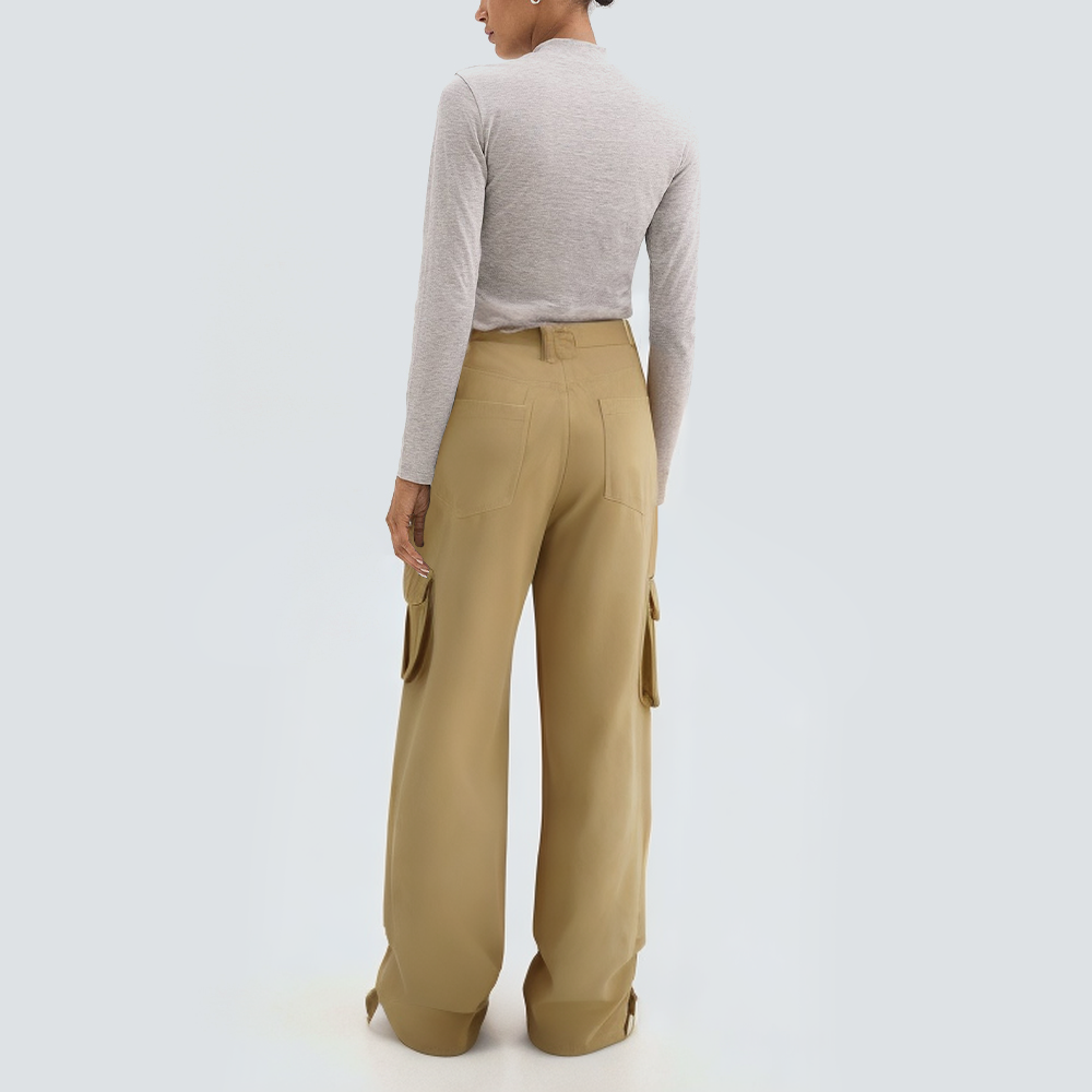 Khaki fashionable wide-leg women's cargo trousers