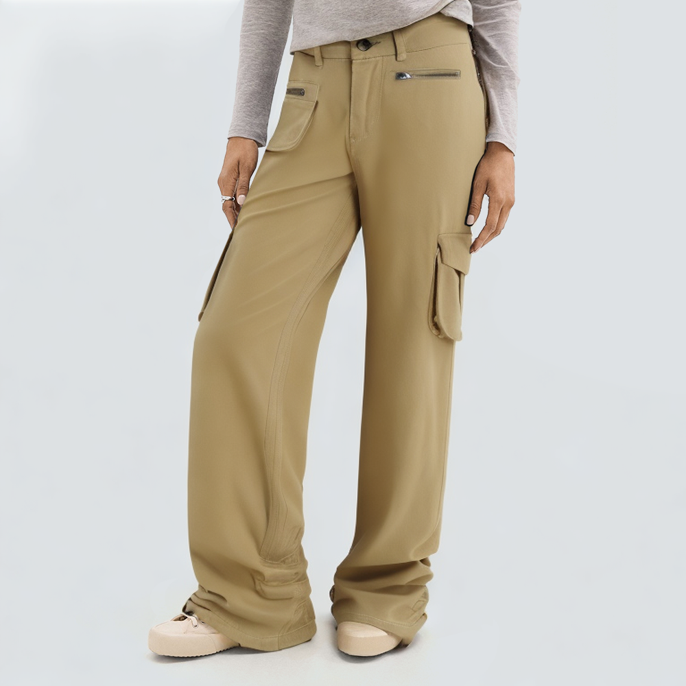 Khaki fashionable wide-leg women's cargo trousers