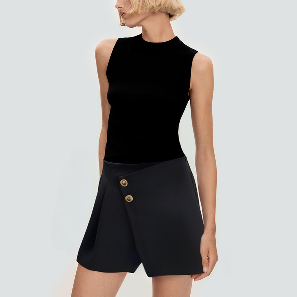 Asymmetrical front button side pleated women's shorts