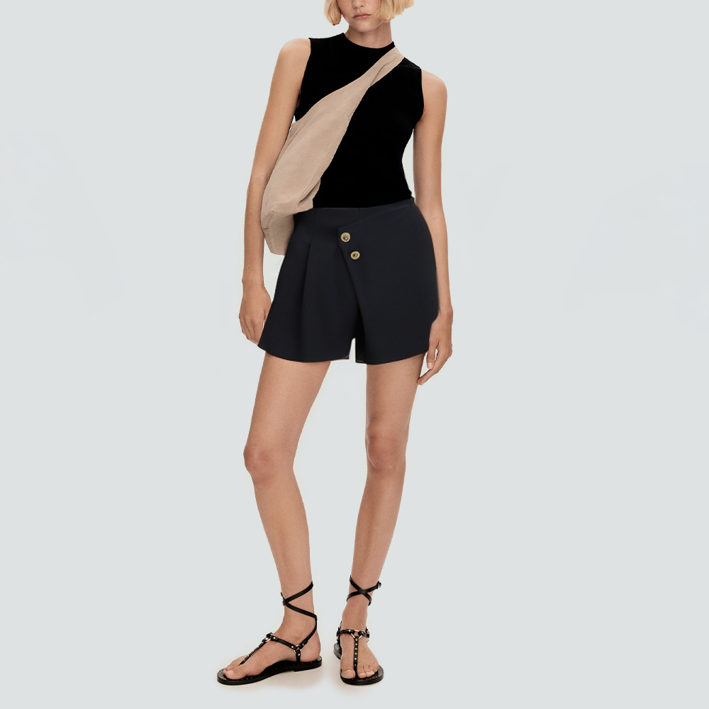 Asymmetrical front button side pleated women's shorts