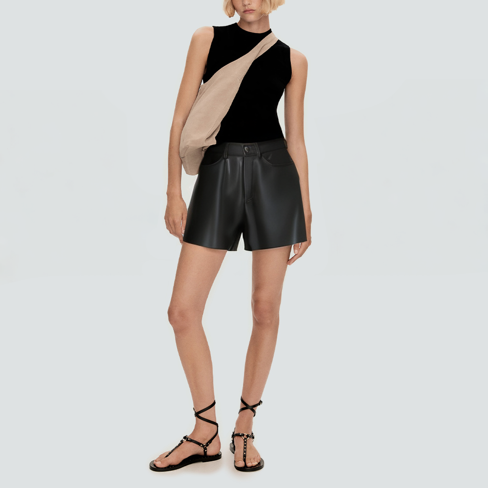 Black pleated side pocket women's leather shorts