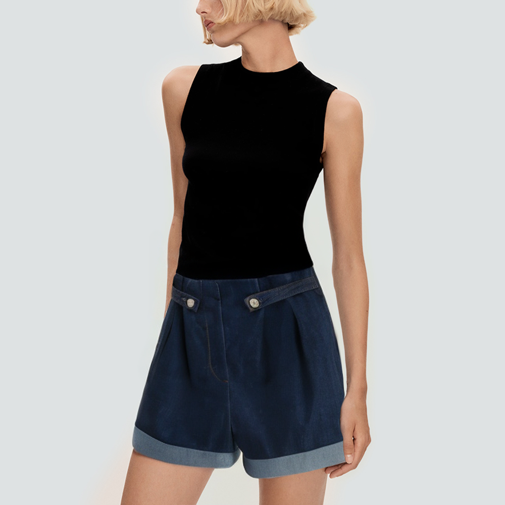 Blue front button casual women's denim shorts