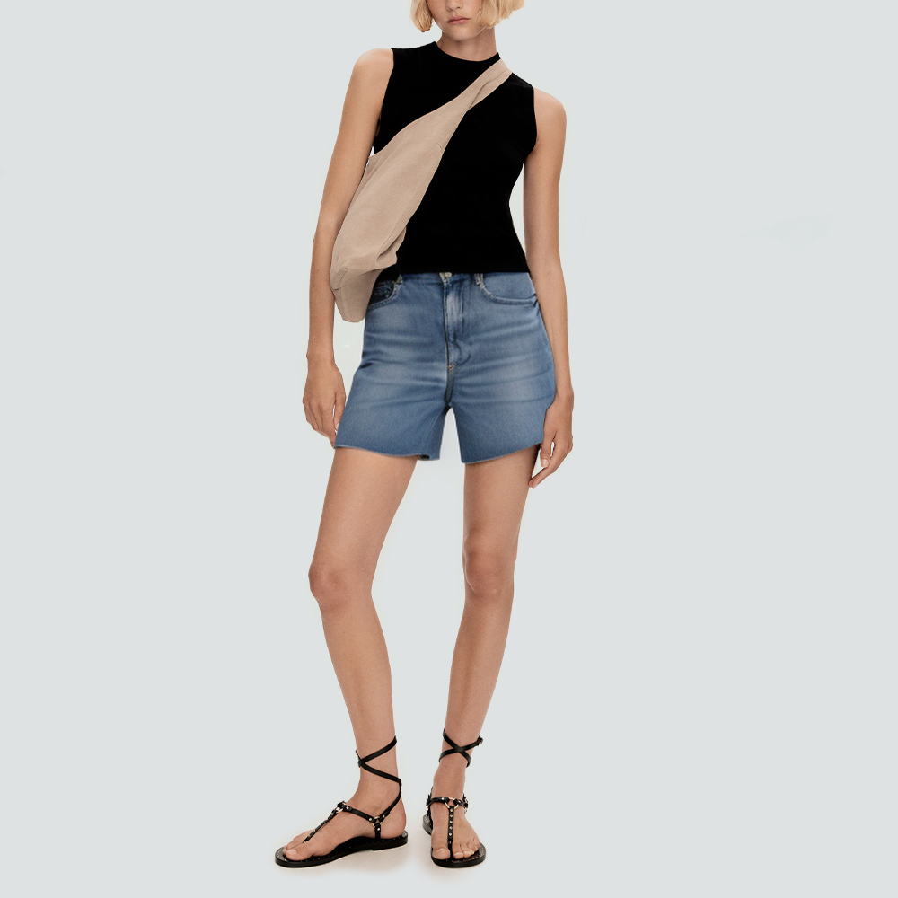 Blue washed side slit women's denim shorts